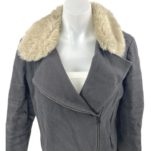 Club Monaco Krisi Gray Faux Fur Collar Asymmetrical Zip Twill Moto Coat Jacket L - Picture 3 of 5